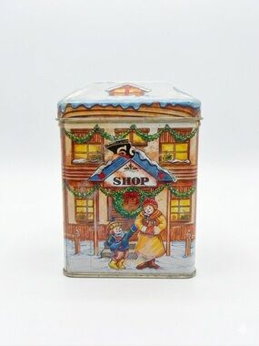 Vintage Christmas Holiday Shop Metal Tin Decorative Storage 3.5"